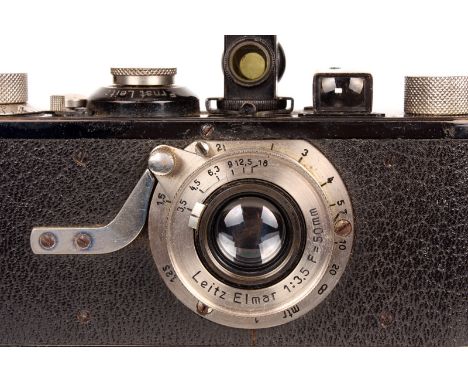 A Leica I Model A Camera, 1928, back, serial no. 9832, with Leitz Elmar f/3.5 50mm lens, nickel, body, G, shutter working, le