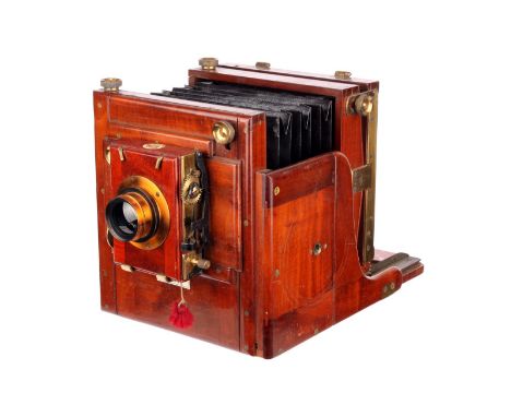 A Sands, Hunter & Co. Mahogany Tailboard Camera, 4x5”, with Aldis Anastigmat No.2 f/6 brass lens, in Thornton Pickard shutter