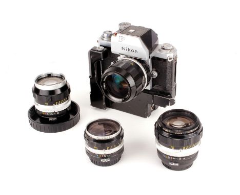 A Nikon F Photomic TN SLR Camera, with F-36 motor drive marked ‘Nikon’, chrome, serial no. 7239440, with Nikkor-N f/1.4 35mm 