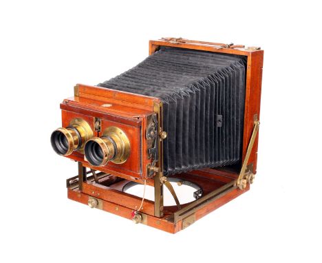 A Midland Camera Co. Royal Letters Patent Mahogany Stereo Field Camera, 4½x6¼, with unmarked f/8 brass lenses, retailed by ‘A