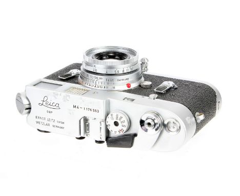 A Leica M4 Rangefinder Camera, 1966, chrome, serial no. 1176553, with Leitz Elmar f/2.8 50mm lens, 1958, chrome, serial no. 1