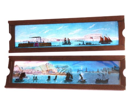 Mahogany-mounted Magic Lantern Slides: panoramic view slipper slides of Hastings and Dover, sailing vessels on slipper, and N