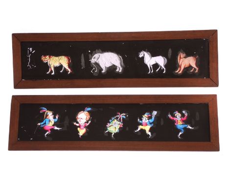Mahogany-mounted Magic Lantern Slides: comic characters, hand painted, 350 x 95mm, in wooden box, lid missing, F-G (9) 