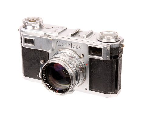 A Contax I Rangefinder Camera, chrome, serial no. G20848, with Zeiss-Opton T Sonnar f/1.5 50mm lens, chrome, serial no. 71255