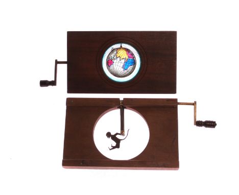 Mahogany-mounted Magic Lantern Slides: Cox, London, rotary slide depicting view of the Earth with a sailing ship rounding the