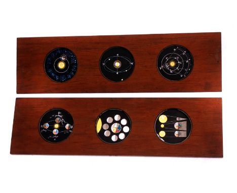 Mahogany-mounted Magic Lantern Slides: Cox, London, set of slides, with three or four circular images to each slide, depictin