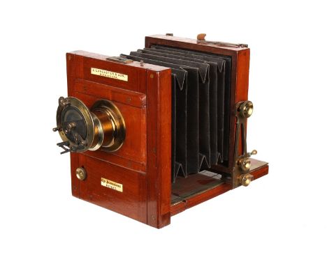 A J. Lancaster & Sons Mahogany Tailboard Camera, 3x4”, with J. Lancaster & Sons f/8 brass lens, with Lancaster’s patent shutt