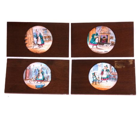 Mahogany-mounted Magic Lantern Slides: consecutive set of story slides, probably Old Mother Hubbard, hand coloured, 178 x 101