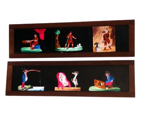 Mahogany-mounted Magic Lantern Slides: various coloured slides, including animals and caricatures, various sizes, G (12) 