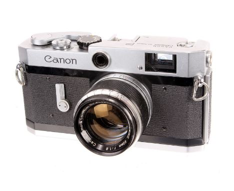 A Canon P Rangefinder Camera, chrome, serial no. 738422, with Canon f/1.8 50mm lens, chrome, serial no. 206854, body, VG, shu