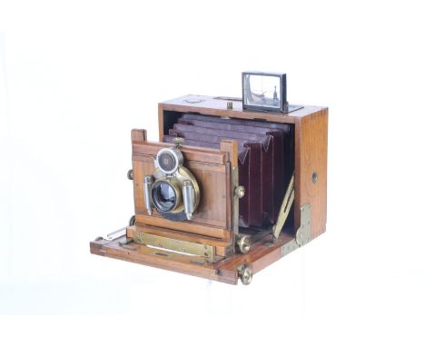 An Unmarked Mahogany Box Camera, possibly French, 3½x4½, with unmarked f/8 brass lens, in Bausch & Lomb shutter, body, G, len