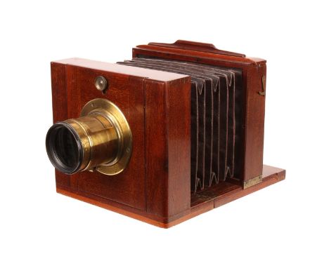 An Unmarked Wet Plate Tailboard Mahogany Camera, 5¼x7”, with unmarked Petzval Waterhouse-stop brass lens, body, VG-E, missing