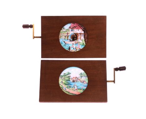Mahogany-mounted Magic Lantern Slides: scenes of water mills, with rotary hand crank movements, hand coloured, 177 x 114mm, G