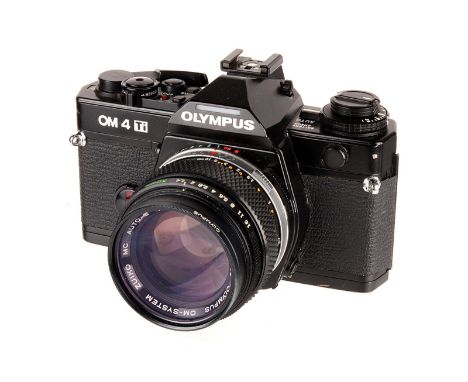 An Olympus OM-4 Ti SLR Camera, black, serial no. 1187125, with Olympus f/1.4 50mm lens, black, serial no. 1096404, body, G-VG