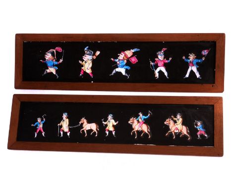 Mahogany-mounted Magic Lantern Slides: hand painted slides, mostly multiple image caricatures, 346 x 95mm, in wooden box, G, 