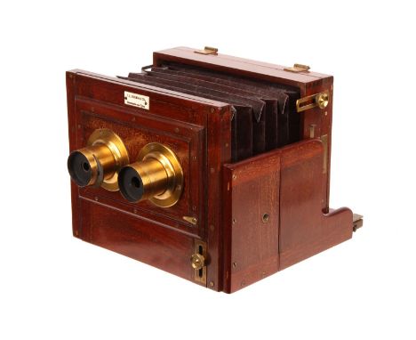 A F. K. Hurman & Co. Mahogany Stereo Tailboard Camera, 4.5x6.5”, with two unmarked rotary wheel stop brass lenses, body, VG-E