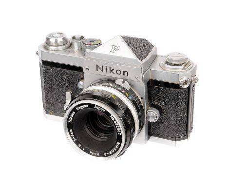 A Nikon F SLR Camera, chrome, serial no. 6421618, with Nikkor-S f/2 50mm lens, chrome, serial no. 532567, body, G, shutter wo