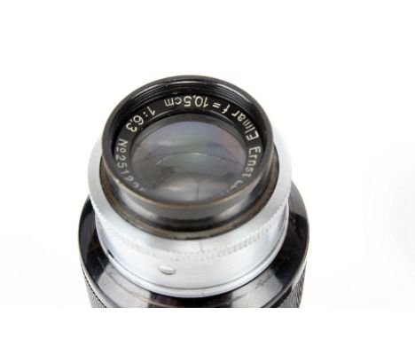 A Leitz Mountain Elmar f/6.3 105mm Lens, 1935, chrome, serial no. 251225, body, G, elements, VG, some light internal haze, wi