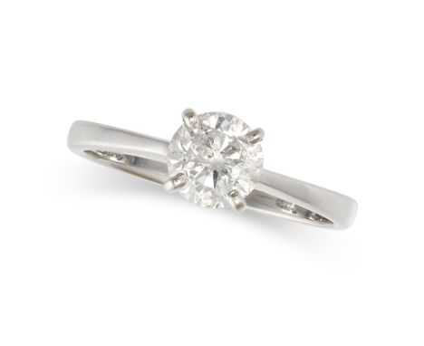 A SOLITAIRE DIAMOND RING in 18ct white gold, set with a round brilliant cut diamond of approximately 0.78 carats, over a bask