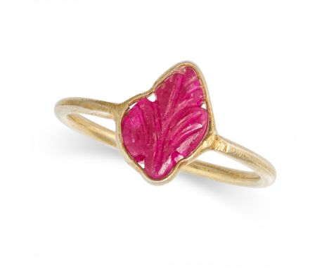 A CARVED RUBY DRESS RING set with a Mughal carved ruby depicting a leaf, no assay marks, size M / 6, 1.1g.