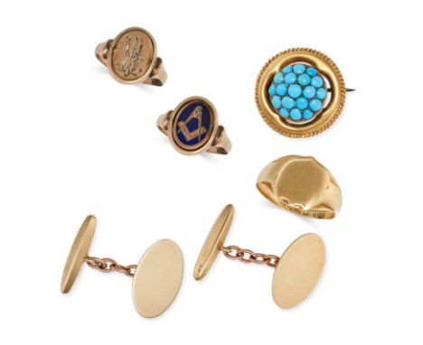 A MIXED LOT OF ANTIQUE AND VINTAGE JEWELLERY in yellow gold, comprising a pair of cufflinks in 9ct yellow gold, full British 