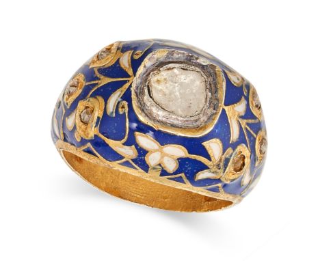 A DIAMOND AND ENAMEL RING set with a flat cut diamond in a border of blue and white enamel, accented by further flat cut diam