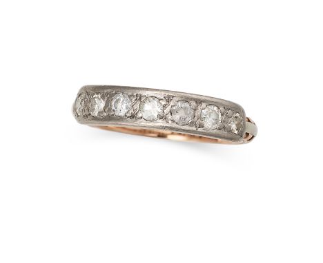 A SEVEN STONE DIAMOND RING in 14ct white and rose gold, set with seven single cut diamonds, stamped 585, size K / 5.25, 2.8g.