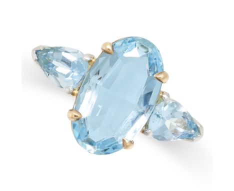 AN AQUAMARINE RING in platinum, set with an oval cut aquamarine between two pear cut aquamarines, the aquamarines all totalli