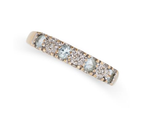 AN AQUAMARINE AND DIAMOND HALF ETERNITY RING in 9ct yellow gold, set with a row of alternating round cut aquamarines and sing