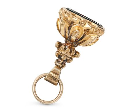 AN ANTIQUE BLOODSTONE INTAGLIO FOB SEAL / PENDANT the fob set with a bloodstone engraved with a family crest, no assay marks,