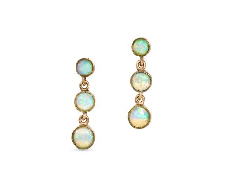 A PAIR OF VINTAGE OPAL DROP EARRINGS in 9ct yellow gold, each set with three round cabochon opals, stamped 9K ITALY, 1.7cm, 1