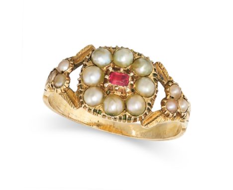 AN ANTIQUE GEORGIAN PEARL AND PASTE CLUSTER RING in yellow gold, set to the centre with a pink paste stone surrounded by a cl