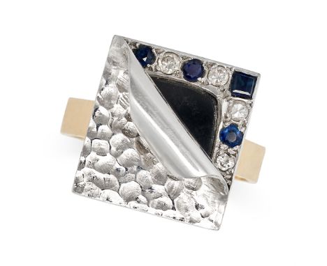 A MODERNIST ONYX, SAPPHIRE AND DIAMOND RING in 18ct yellow and white gold, set with a piece of polished onyx in a border of a