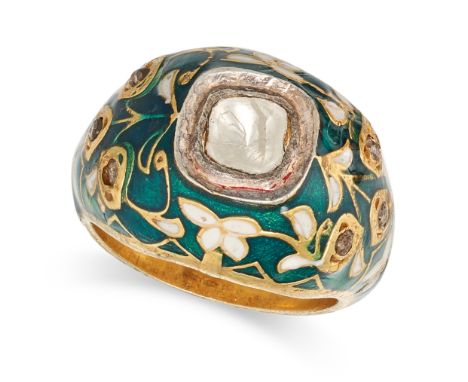 A DIAMOND AND ENAMEL RING set with a flat cut diamond in a border of green and white enamel, accented by further flat cut dia