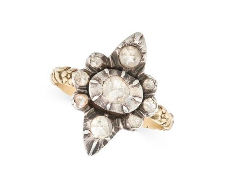 AN ANTIQUE DUTCH DIAMOND CLUSTER RING, 19TH CENTURY in silver and yellow gold, set with a cluster of rose cut diamonds in a m