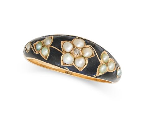 AN ANTIQUE VICTORIAN PEARL, ENAMEL AND DIAMOND MOURNING RING in yellow gold, decorated with black enamel and seed pearls in a