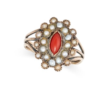 AN ANTIQUE CORAL AND PEARL CLUSTER RING set with a marquise shaped coral cabochon in a border of seed pearls, no assay marks,