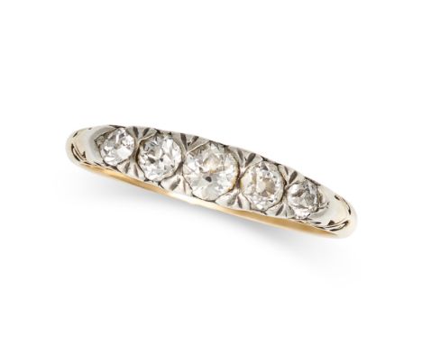 AN ANTIQUE DIAMOND FIVE STONE RING in 18ct yellow gold, set with a row of old cut diamonds to a scroll setting, stamped 18CT,