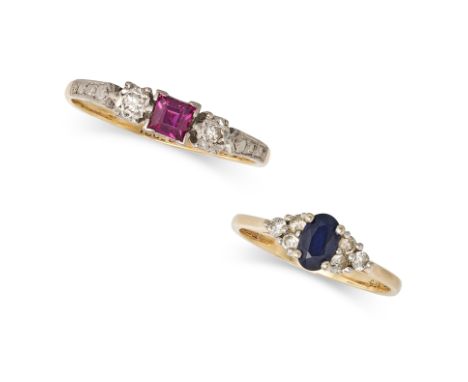 A SET OF TWO THREE STONE RINGS one in 18ct yellow gold and platinum, set with a square step cut ruby accented by two single c