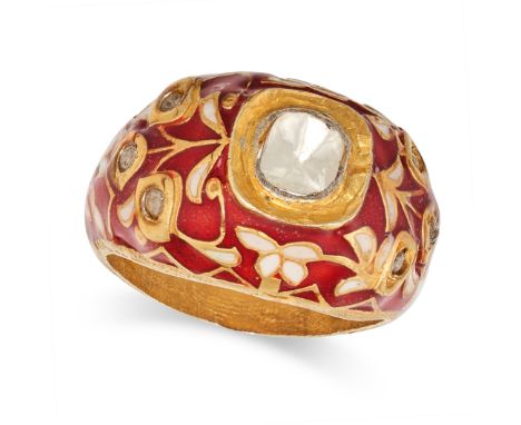 A DIAMOND AND ENAMEL RING set with a flat cut diamond in a border of red and white enamel, accented by further flat cut diamo