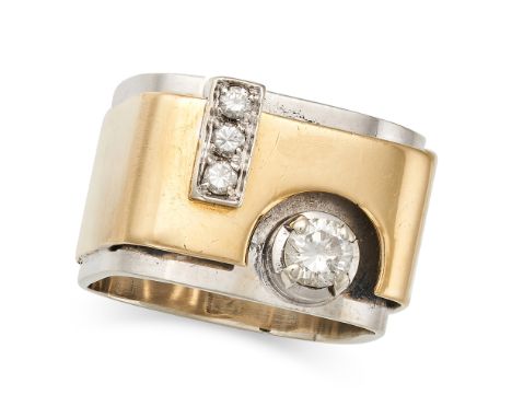 A GEOMETRIC DIAMOND RING in yellow and white gold, set with a round brilliant cut diamond, accented by a row of three round c