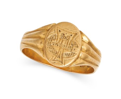 AN ANTIQUE VICTORIAN SIGNET RING in 22ct yellow gold, engraved with a crest,&nbsp;full British hallmarks for Birmingham 1884,