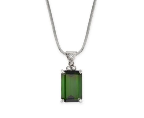 A GREEN TOURMALINE AND DIAMOND PENDANT NECKLACE in 18ct white gold, the pendant set with an octagonal step cut green tourmali