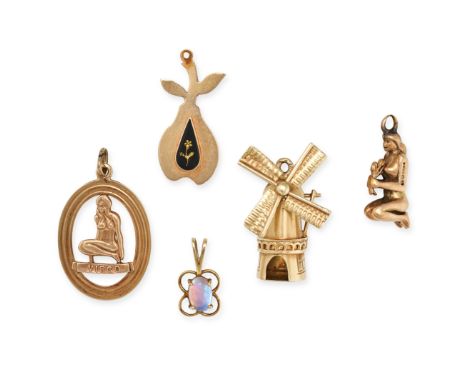 A MIXED LOT OF FIVE CHARM / PENDANTS including a windmill in 14ct yellow gold, stamped 585, a kneeling woman holding flowers 