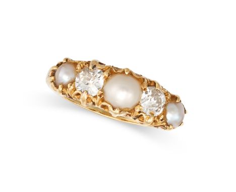 AN ANTIQUE PEARL AND DIAMOND FIVE STONE RING in 18ct yellow gold, set with three half pearls and two old cut diamonds, the di