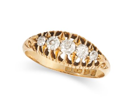 AN ANTIQUE FIVE STONE DIAMOND RING in 18ct yellow gold, set with five old mine cut diamonds, full British for Chester 1908, s