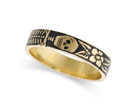 A VINTAGE BLACK ENAMEL SKELETON RING in 18ct yellow gold, the band set with black enamel depicting a skeleton,&nbsp;full Brit