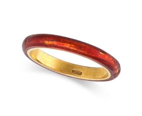 A VINTAGE ENAMEL RING in 18ct yellow gold, decorated throughout with red enamel, stamped 750, size M1/2 / 6.5, 4.1g.&nbsp;