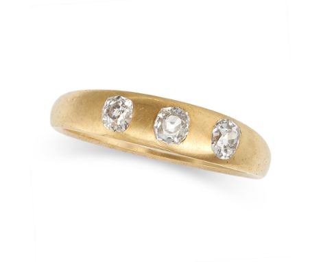 AN ANTIQUE DIAMOND GYPSY RING in 18ct yellow gold, set with three old cut diamonds,&nbsp;stamped 18CT, size L / 5.75, 2.8g.&n