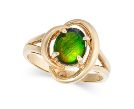 AN AMMOLITE RING in 14ct yellow gold, set with an oval polished ammolite, stamped 14K, size O1/2 / 7.5, 4.1g.&nbsp;